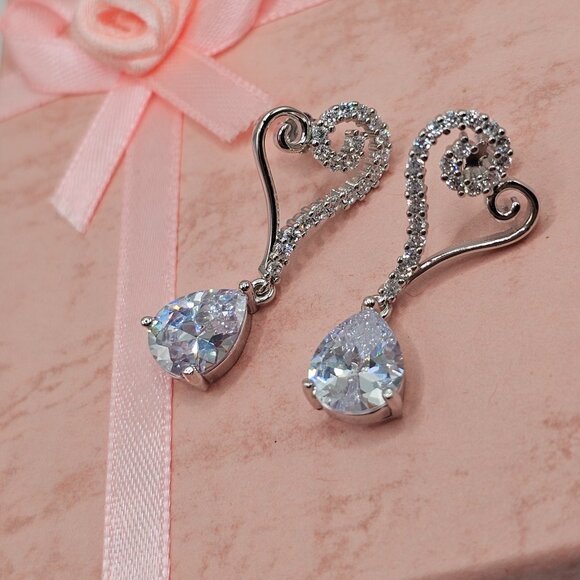 Sterling Silver 925 Rhodium Plated Open Heart CZ Dangling Teardrop Stud Earrings